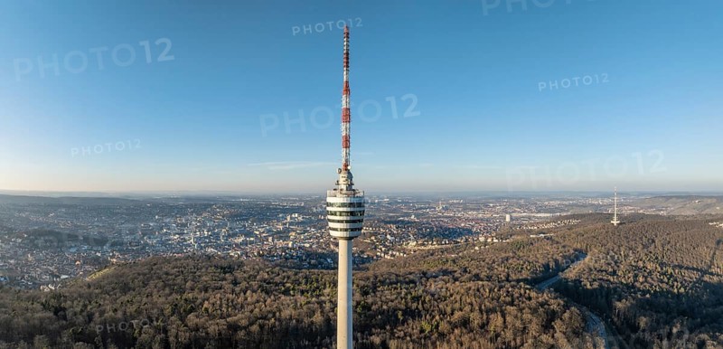 Aerial view, panorama from the 216.6 metre high Stuttgart television tower, observation tower, restaurant, radio transmitter, tourist attraction and historical landmark, in operation since 1956. Behind it the state capital Stuttgart, Degerloch, Baden-Württemberg, Germany
