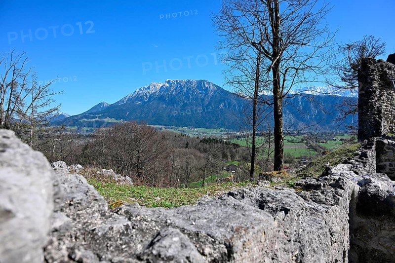 View from the Auerburg ruins near Oberaudorf to the Wilder Kaiser, mountain range in Tyrol, Austria