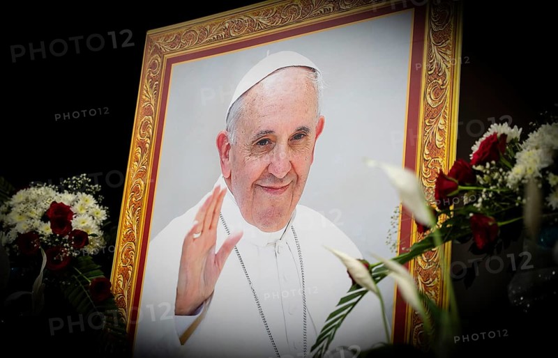Framed photo of Pope Francis stands during the ceremonial tribute in Guwahati, Assam, India on April 26, 2025. Pope Francis was the head of the Catholic Church, who died on Monday at the age of 88
