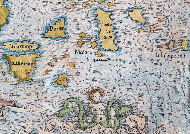 Indonesia, mermaid, detail, hand-coloured woodcut map from Sebastian Münster Cosmographey oder Beschreibung aller Länder, Basel 1578