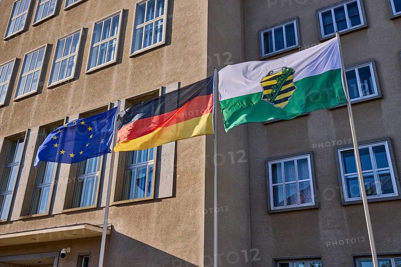 European flag, German flag, flag of Saxony, Saxon state parliament, old building, administration, facade with windows, Bernhard-von-Lindenau-Platz, Dresden, state capital, independent city, Saxony, Germany