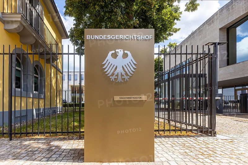 The Federal Court of Justice (BGH) is the highest court of the Federal Republic of Germany in the area of ordinary jurisdiction and thus the final instance in civil and criminal proceedings. Official sign with federal eagle at the seat of the court in Karlsruhe, Baden-Württemberg, Germany
