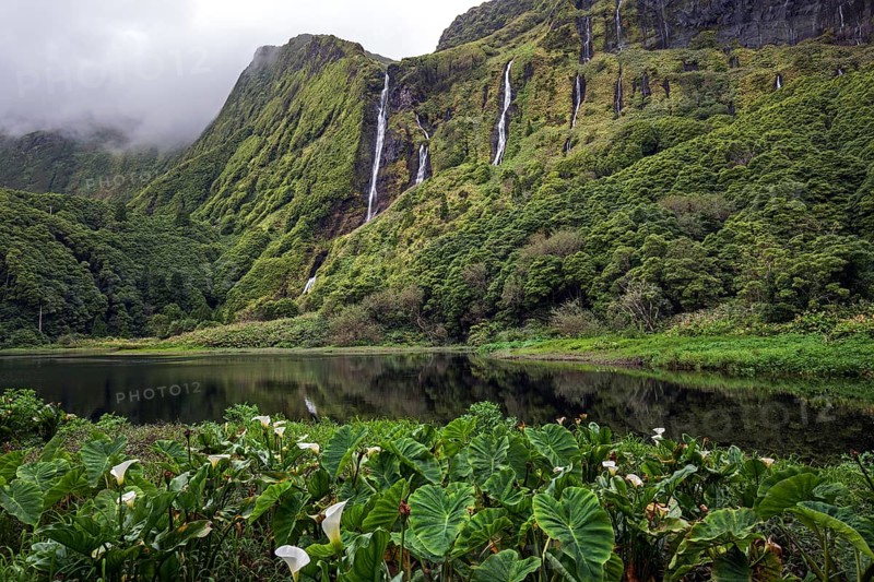 Lagoa dos Patos and waterfalls Poco da Alagoinha, near Faja Grande, island of Flores, Azores, Portugal