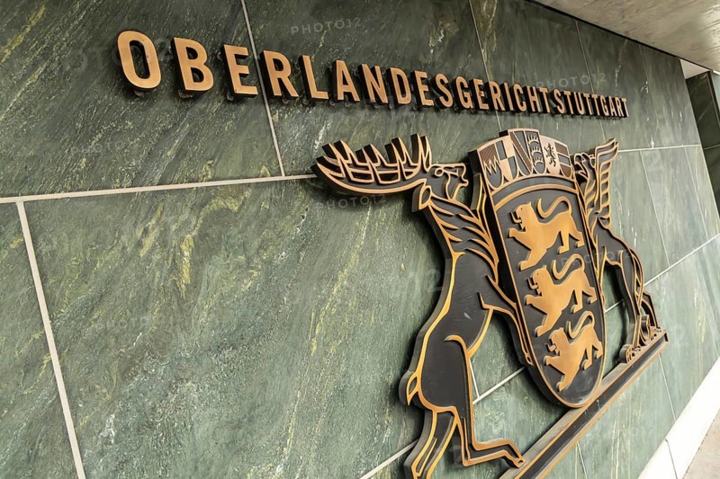 New courtroom building of the Higher Regional Court OLG in Stuttgart-Stammheim, state coat of arms. Stuttgart, Baden-Württemberg, Germany