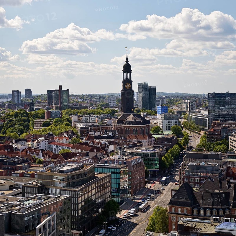 City view from above with the main church St Michaelis, called Michel, Hamburg, Germany