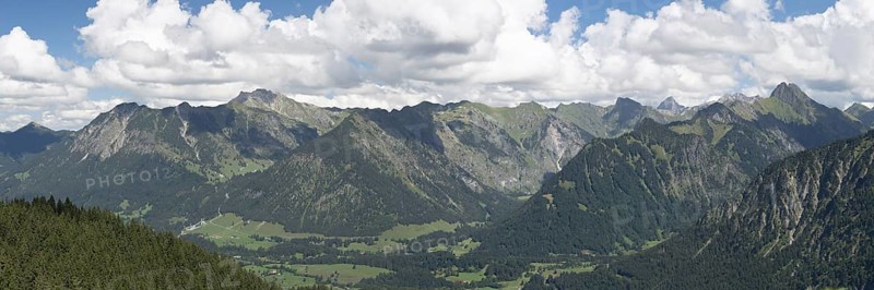 Mountain panorama from Söllereck to Nebelhorn, 2224m, Schattenberg, 1845m, Schneck, 2268m, Riffenkopf, 1748m, and Höfats, 2259m, Allgäu Alps, Allgäu, Bavaria, Germany