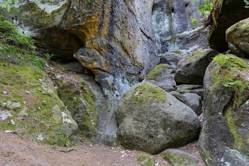 Rocky landscape at the Diebskeller or Götzinger Cave at the Kleiner Bärenstein, Thürmsdorf, Struppen, Saxon Switzerland, Saxony, Germany