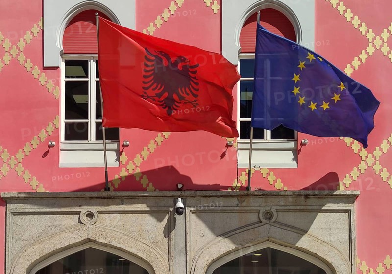 National flag of Albania and European flag, Tirana, Albania