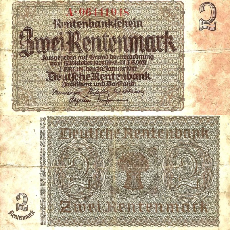 Rentenbank note, banknote, banknote, 2 Rentenmark, 1937, Germany, reproduction of a historical banknote