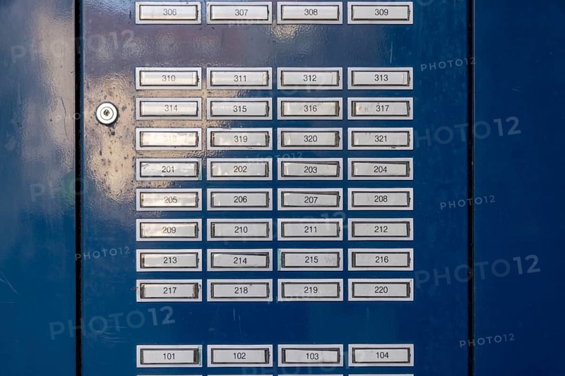 Doorbell system, doorbell at the front door with anonymous residents. Bamberg, Upper Franconia, Bavaria, Germany