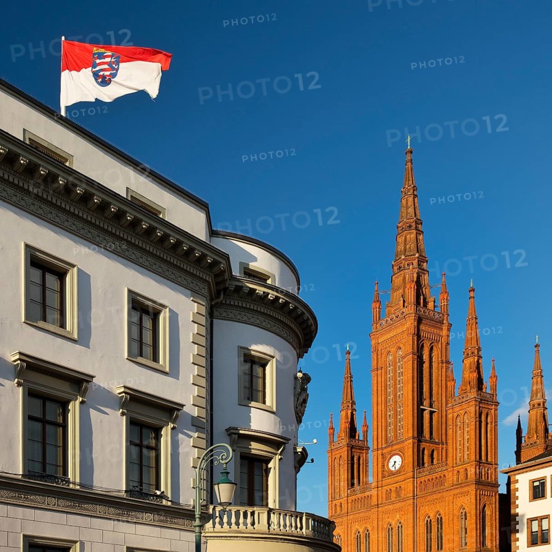 Hessian parliament with state flag in the former Nassau castle and market church, state capital Wiesbaden, Hesse, Germany