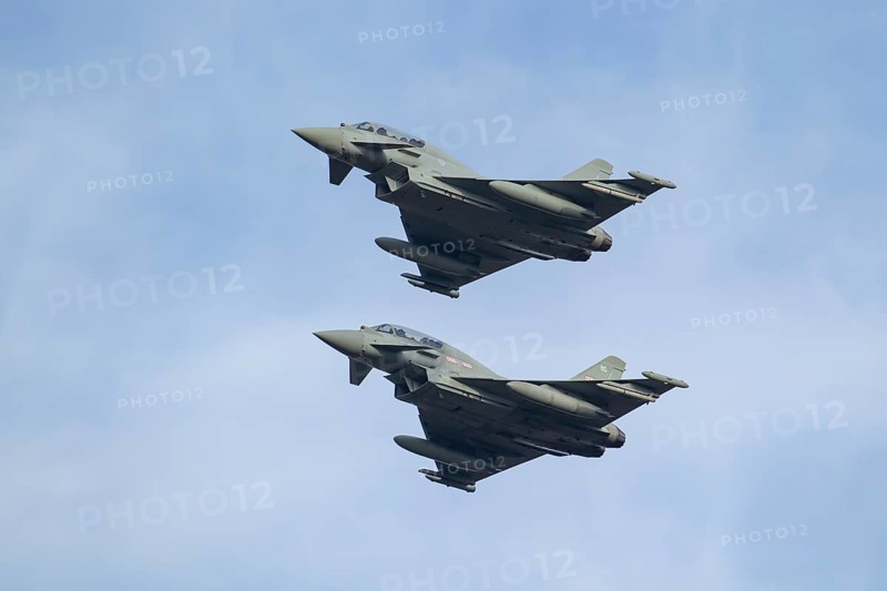 Eurofighter Typhoon two aircraft in RAF Royal air force colours flying, England, United Kingdom