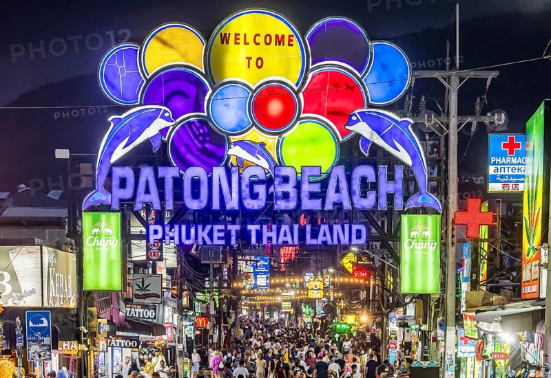 Crowds of people on Bangla Street in the evening. Nightlife on Bangla Walking Street with go-go bars, clubs, cannabis bars and extreme loudness. Patong, Kathu, Phuket Island, Thailand