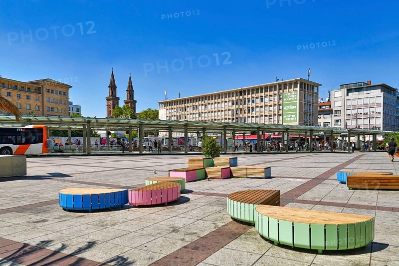 Ludwigshafen, Germany, August 2022: Town square called 'Berliner Platz' with public transportation bus and tram station