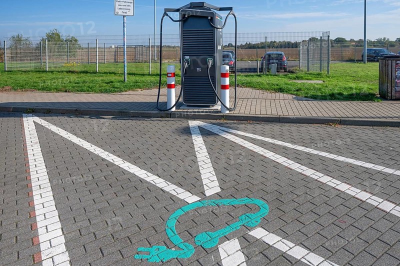 Electric charging station for electric cars at a motorway service area, Bavaria, Germany