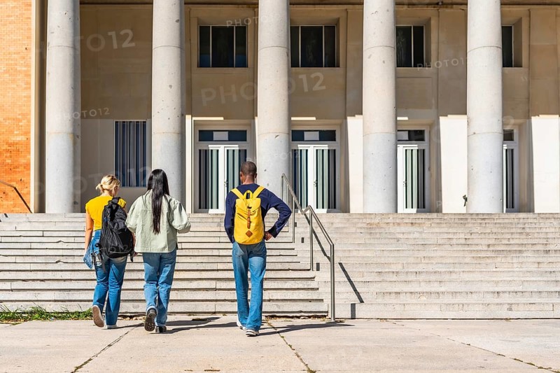 Horizontal full length photo with copy space of the rear view of university students arriving at the campus