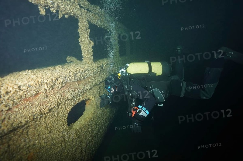 A diver examines a shipwreck covered with quagga triangle mussels (Dreissena rostriformis bugensis), invasive species, in dark waters, dive site wreck of the Jura, Lake Constance, Bottighofen, Switzerland, Münsterlingen, Germany
