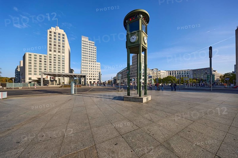Replica and monument of the first traffic lights and modern office building at Potsdamer Platz in Berlin, capital city, independent city, federal state of Berlin, Germany