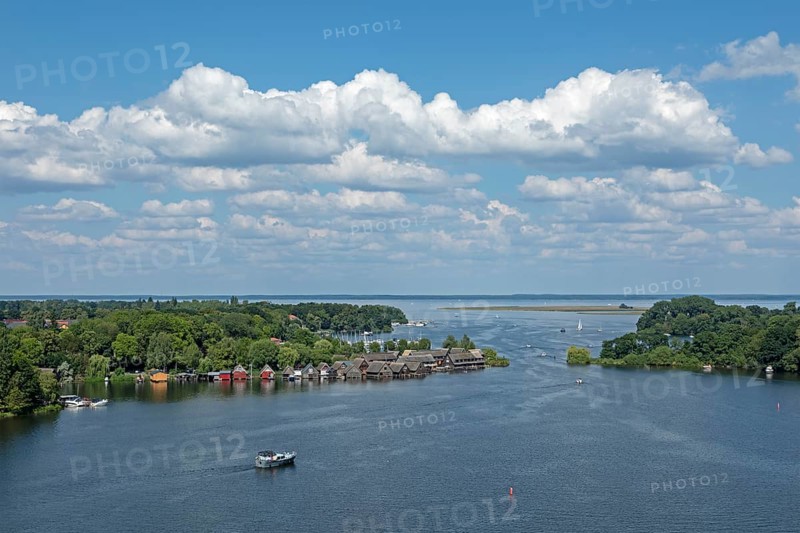 View from the tower of St Mary's Church, Müritz, lake, boats, boathouses, holiday homes, Röbel, Müritz, Mecklenburg Lake District, Mecklenburg-Western Pomerania, Germany