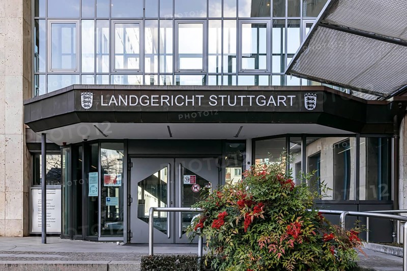 Stuttgart District Court, exterior view with lettering and state coat of arms. Stuttgart, Baden-Württemberg, Germany