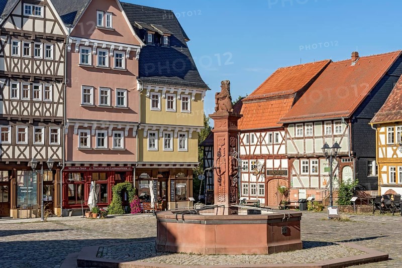 Market fountain, reconstructed houses from Giessen, Giessener Zeile, Nordzeile, historic half-timbered houses, market square, Hessenpark Open-Air Museum, Neu-Anspach, Taunus, Hesse, Germany