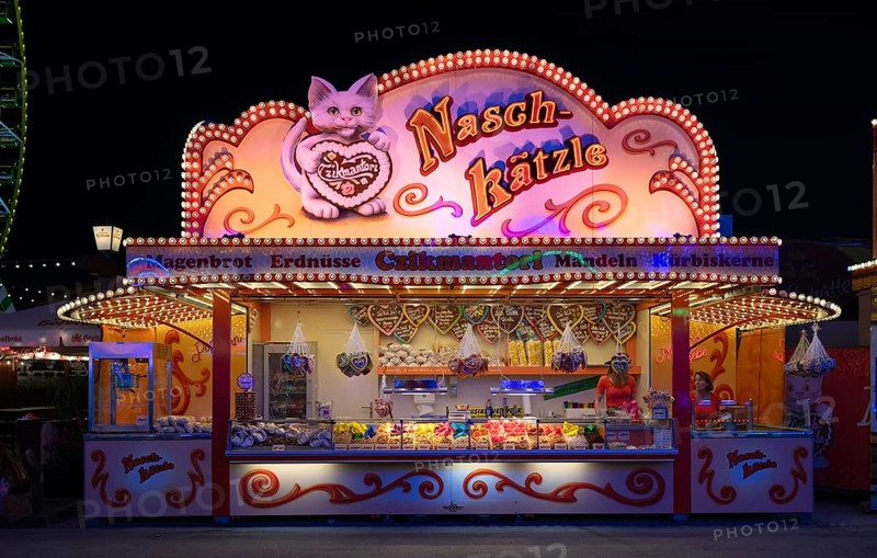 Sales stand, sweet tooth, confectionery, sweets, advertising, neon lighting, ice cream, Cannstatter Wasen, night shot, funfair, spring festival, folk festival, Bad Cannstatt, Stuttgart, Baden-Württemberg, Germany