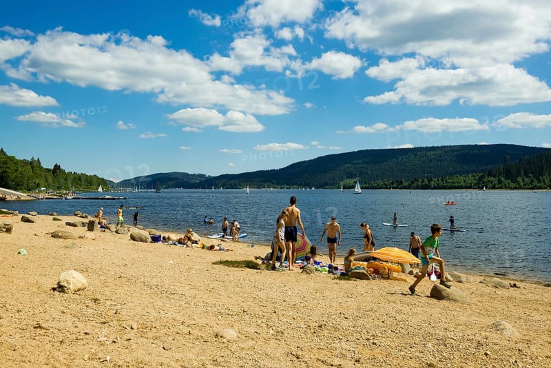 Lake in the mountains and beach in summer, Schluchsee, Black Forest, Baden-Württemberg, Germany