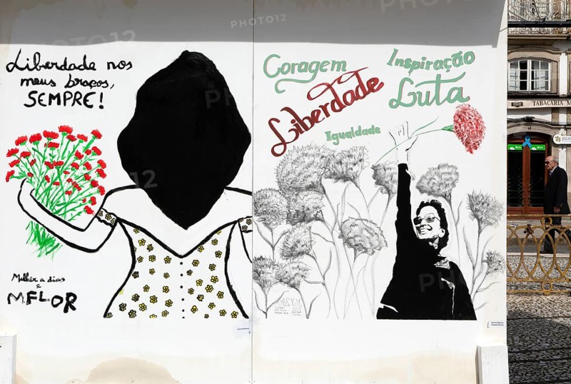 Display of feminist artworks, Largo do Toural, Toural square, city of Guimaraes, northern Portugal