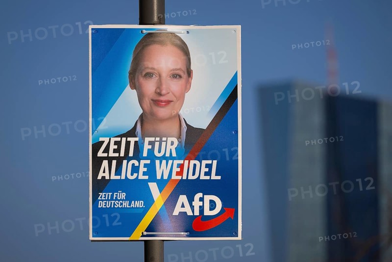 An election poster of AfD top candidate Alice Weidel hangs in Frankfurt am Main near the European Central Bank (ECB), Frankfurt am Main, Hesse, Germany