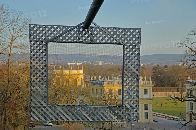 Art installation frame construction by Haus-Rucker-Co 1977 documenta 6, with view of orangery, Karlsaue, frame, large sculpture, view through, metal, grid, Friedrichsplatz, Kassel, Hesse, Germany
