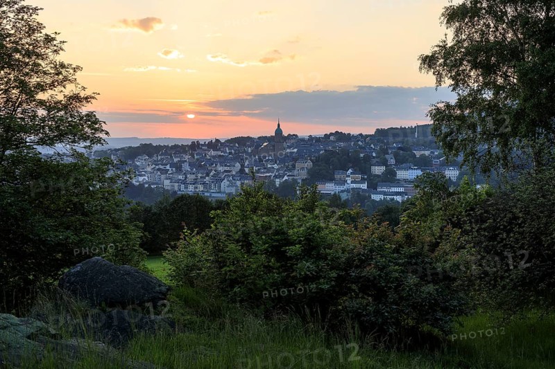 View of the sunrise over Annaberg-Buchholz, Erzgebirge, Saxony, Germany from the Teufelskanzel (Devil's Pulpit)