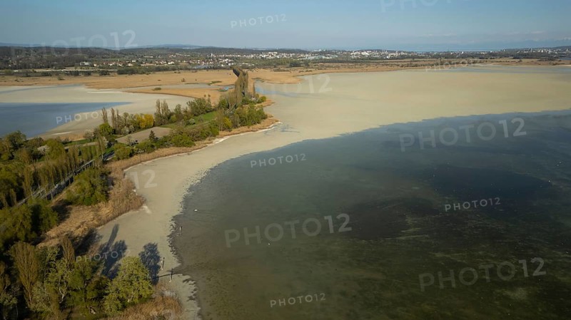 Extremely low water on the island of Reichenau in Lake Constance April 2025 with a view of the Alps