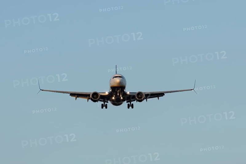 Boeing 737 jet passenger aircraft of Ryanair airways on approach to land, London Stansted airport, Essex, England, United Kingdom