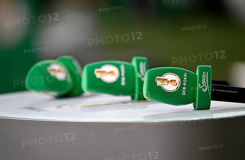Microphones, microphones with DFB Cup logo lying on presentation table, semi-final, DFB Cup, MHPArena, MHP Arena Stuttgart, Baden-Württemberg, Germany