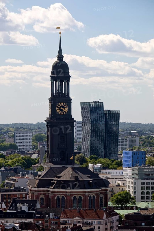 City view from above with the main church St Michaelis, called Michel, and the Dancing Towers, Hamburg, Germany