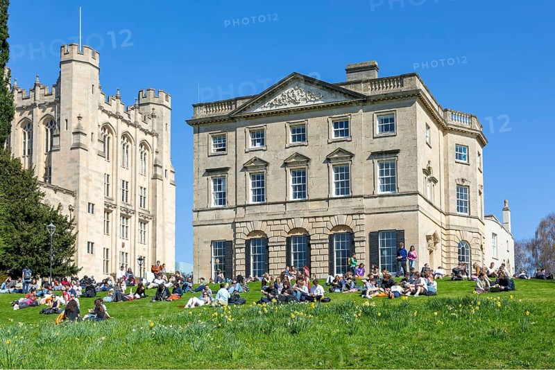 Students on lawn sunbathing, Royal Fort House architect James Bridges 1761, University of Bristol, England, UK