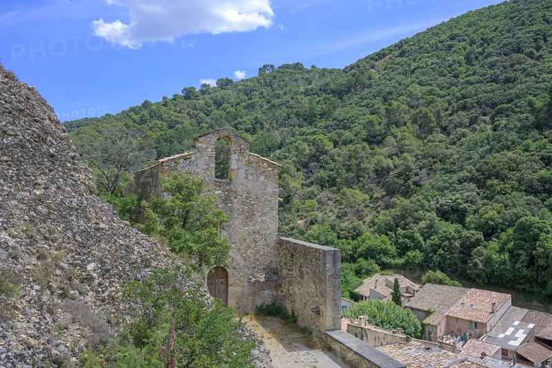 Chapel Saint Roch in the middle of the conglomerate rocks Les Pénitents, Les Mées, Alpes-de-Haute-Provence, France
