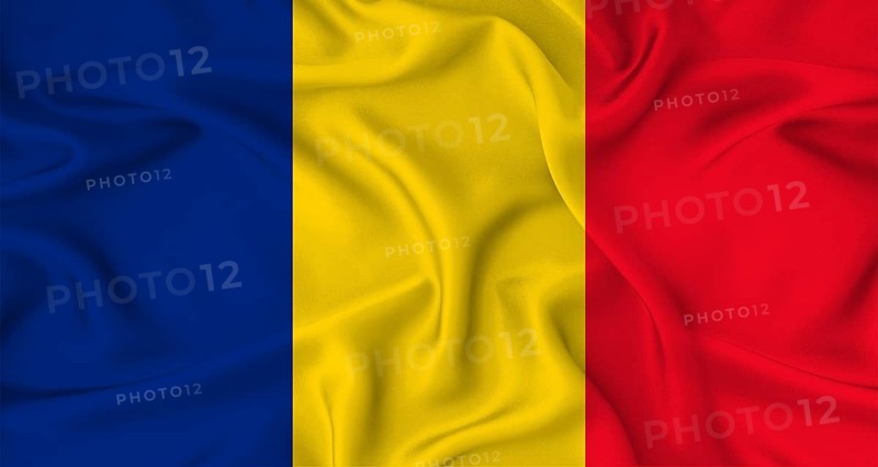 Realistic Romania flag waving. Close up of flag of Romania with cloth texture