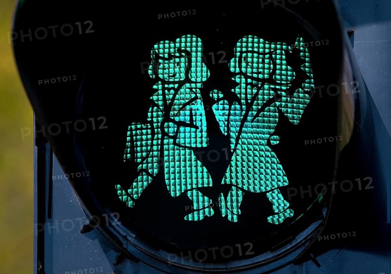 Pedestrian traffic light with green Brothers Grimm Ampelmännchen, Hanau, birthplace of the brothers, Hesse, Germany