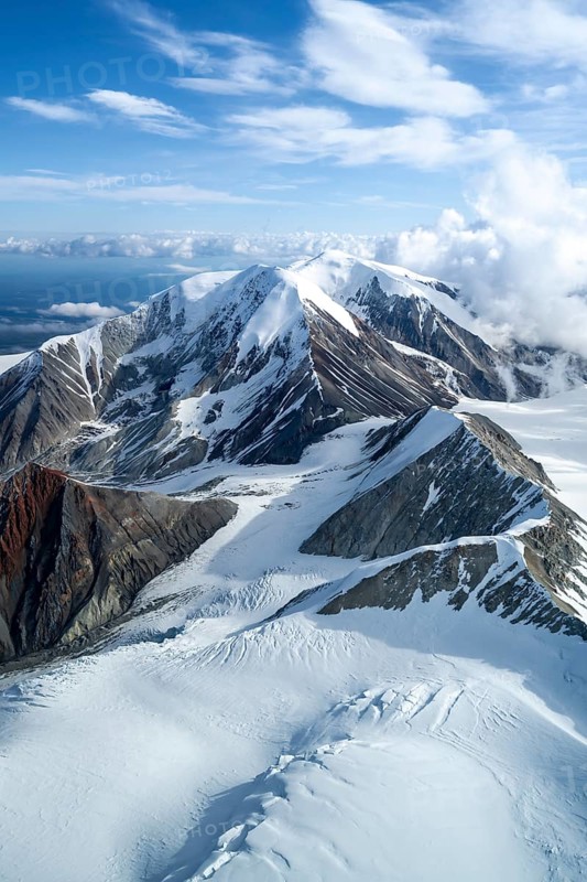 Mountains with snow and glaciers, aerial view, Alaska Range, Denali National Park, Alaska, USA