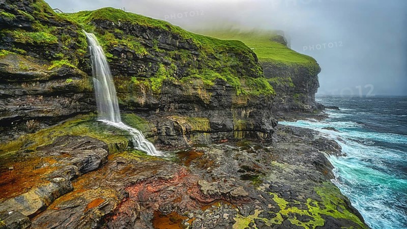 Denmark, Faroe Islands, Karlsöy, coast, small waterfall, Atlantic Ocean