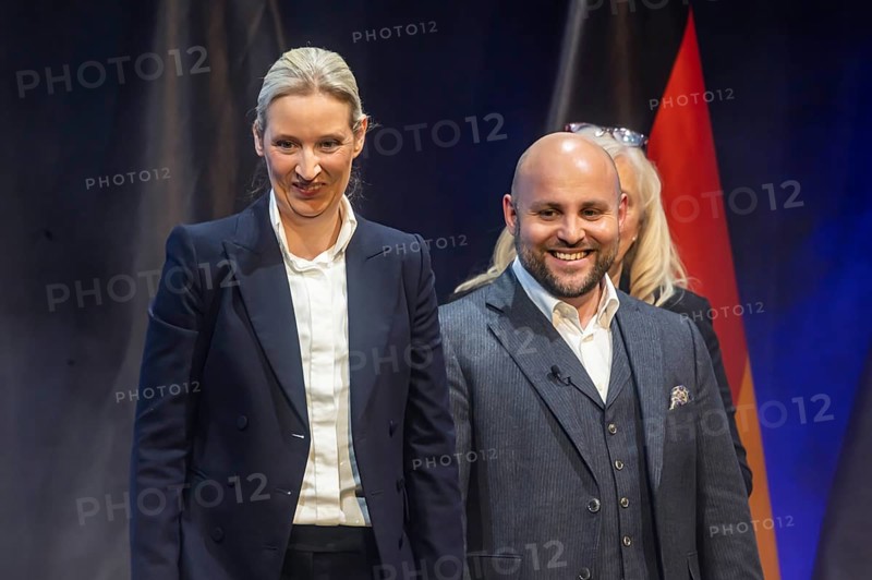 Campaign event for the state election of the AfD party at the Congress Centre Pforzheim CCP. Markus Frohnmaier (MdB, right) is the leading candidate for the office of Minister President in Baden-Württemberg. Alice Weidel, co-chair of the parliamentary group of the right-wing populist and far-right party Alternative for Germany AfD. Federal spokesperson of the party. Pforzheim, Baden-Württemberg, Germany