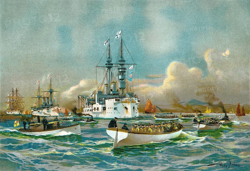 The occupation of Kiautschou, China by German troops, 1897, historic painting by Willy Stoewer, Die Besetzung von Kiautschou, Inselkolonie in China, 1897, historisches Bild von Willy Stöwer