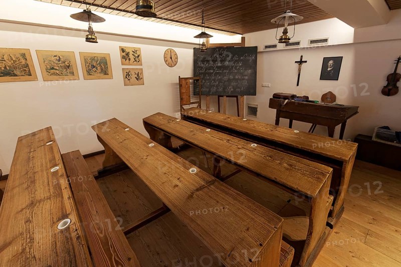 Classroom of a village school around 1830, replica with original school desks, Friedrichshafen School Museum, Baden-Württemberg, Germany
