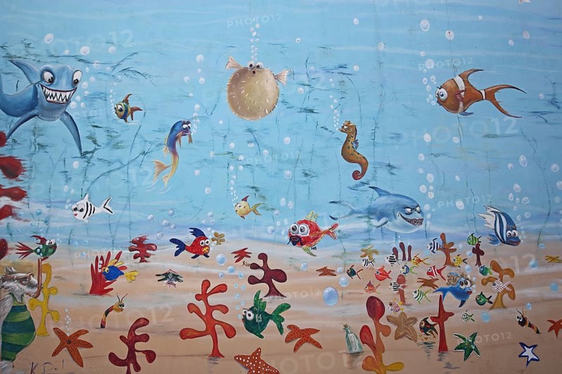 Mural underwater world, seabed, aquarium, fish, marine world, underwater, aquatic, animal world, house wall, graffiti, street art, puffer fish, starfish, seahorse, shark, coral, comic, caricature, Ottweiler, Saarland, Germany
