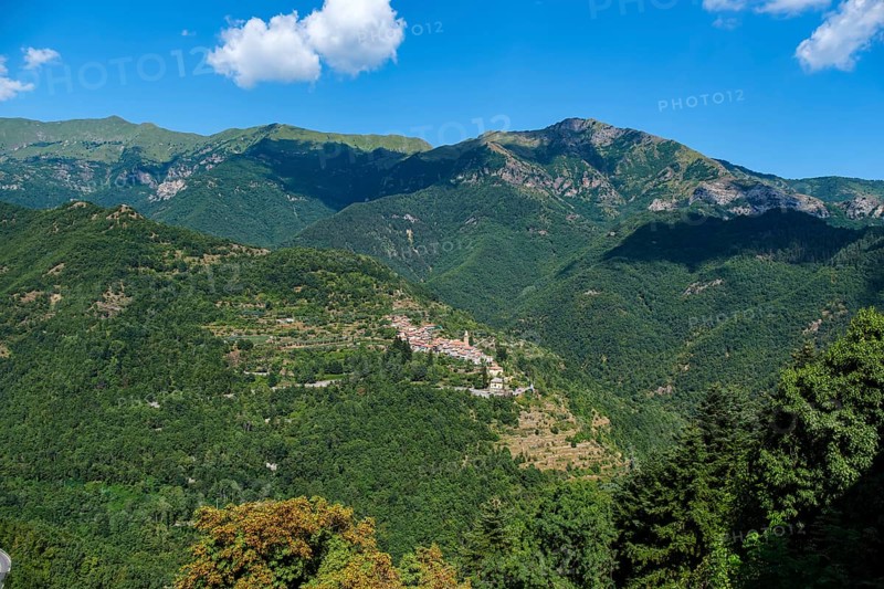 View from Triora over the Ligurian Alps and Corte above Molini di Triora, Province of Imperia, Liguria, Italy