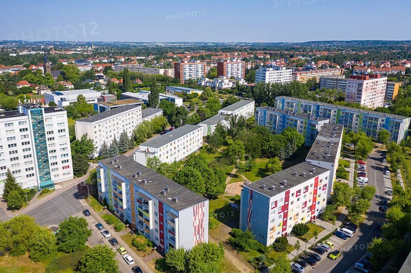Town view from above with new development area Dresdner Straße and grammar school, Coswig, Saxony, Germany