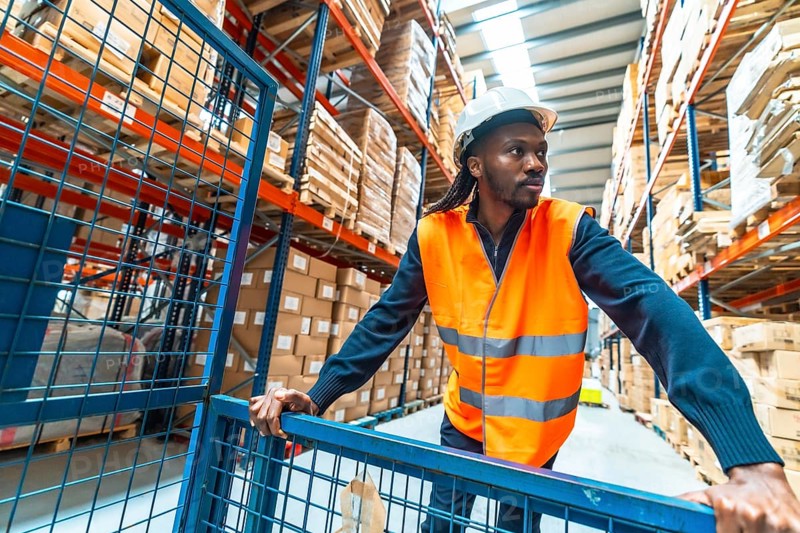 African male worker moving goods pushing a cart in a distribution warehouse
