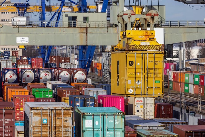 The port of Mannheim is one of the most important inland ports in Europe. The harbor basins stretch across the Rhine and Neckar. Container terminal in Mühlauhafen. Mannheim, Baden-Württemberg, Germany