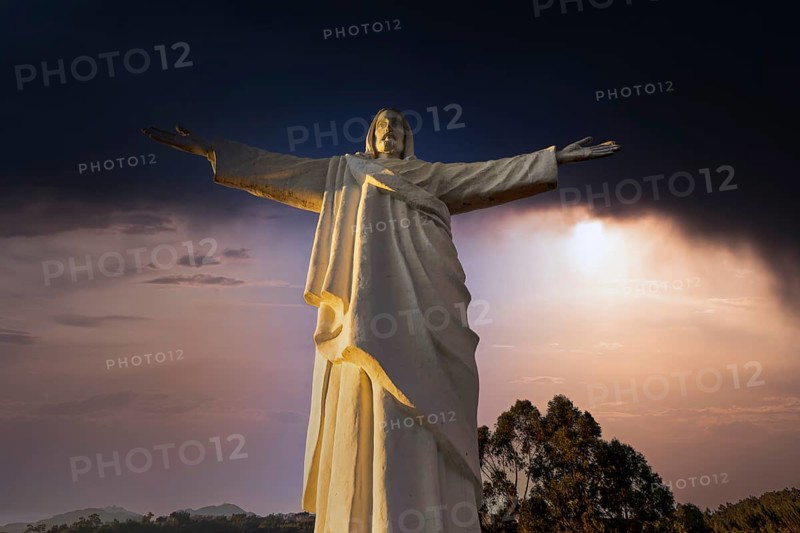 Peru. White Jesus Christ lookout, scenic panoramic view of Cusco from Christo Blanco viewpoint